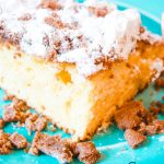 Crumb Cake Recipe on blue plate closeup