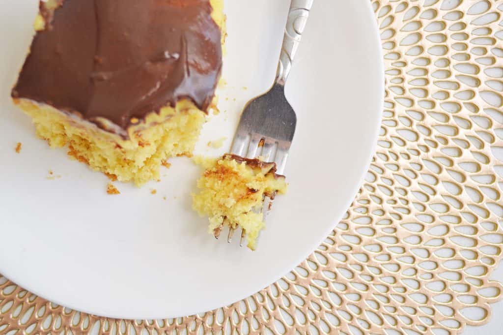 close up of boston cream poke cake