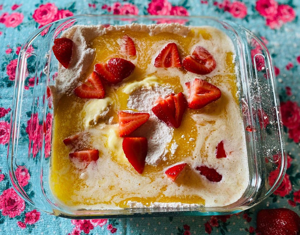 strawberry shortcake dump cake before baking 