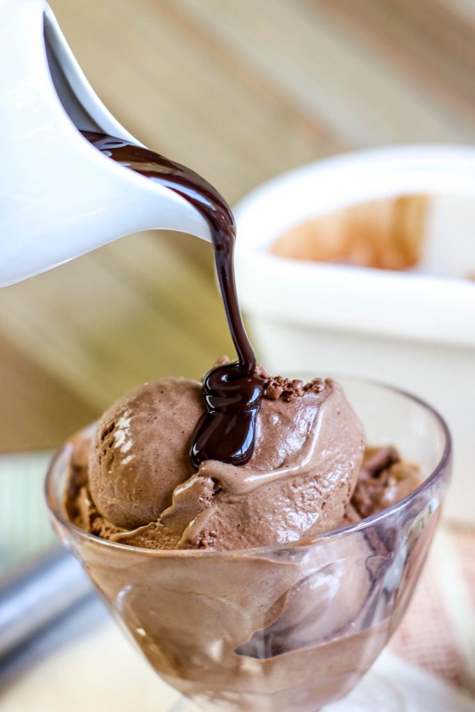chocolate ice cream with chocolate syrup