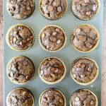 Freshly baked chocolate banana muffins in a muffin tin.