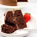 A slice of chocolate cake with a strawberry on a plate.