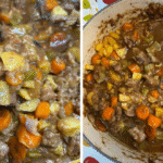 Two images of a hearty Dutch Oven Beef Stew with chunks of beef, carrots, potatoes, and celery in a thick brown sauce. One close-up shows a spoonful; the other captures the bubbling stew in a pot from above.