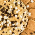 A cheeseball coated in mini marshmallows and chocolate chips, surrounded by graham cracker pieces.