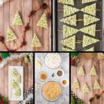 Five photos showcase Christmas Tree Rice Krispies treats decorated with green icing and sprinkles, featuring ingredients like marshmallows and pretzels, all arranged on wooden and festive backgrounds.