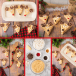 A collage shows reindeer rice krispie treats shaped like reindeer with pretzel antlers, candy eyes, and red noses on a white platter and rustic holiday-themed surfaces, plus bowls of ingredients for making the treats.