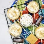 Round Air Fryer SMores Pops with graham cracker, marshmallow, and chocolate rest on a cooling rack over a colorful floral cloth. Hersheys bars, graham crackers, and mini marshmallows are arranged nearby for easy snacking.