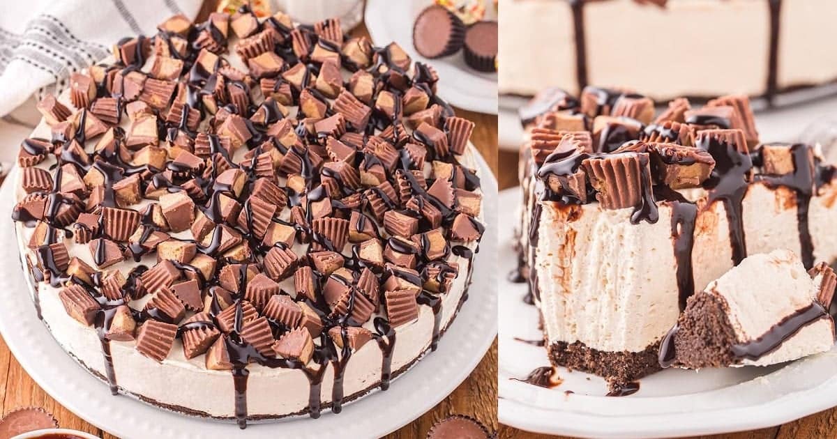 A cheesecake topped with chopped peanut butter cups and chocolate drizzle sits on a plate. A slice has been cut and is shown up close, revealing the creamy filling and chocolate crust.