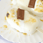 Two white smores cakesicles on a plate, lightly toasted and sprinkled with crumbs, each topped with a small piece of Hershey’s chocolate. One cakesicle rests on a wooden stick.