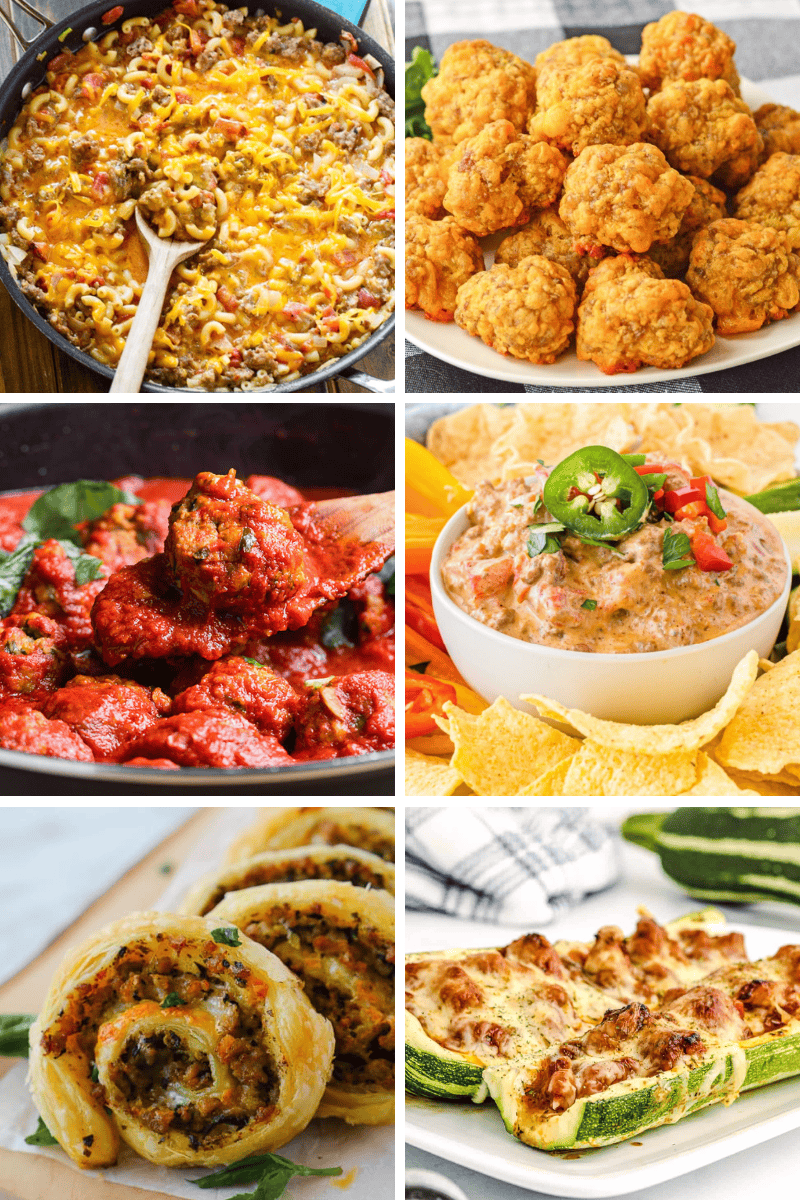 A collage of six images showcasing keto-friendly foods: cheesy skillet casserole, fried bites, meatballs in marinara, creamy dip with chips, stuffed pastry rolls, and zucchini boats—all perfect ground sausage recipes.