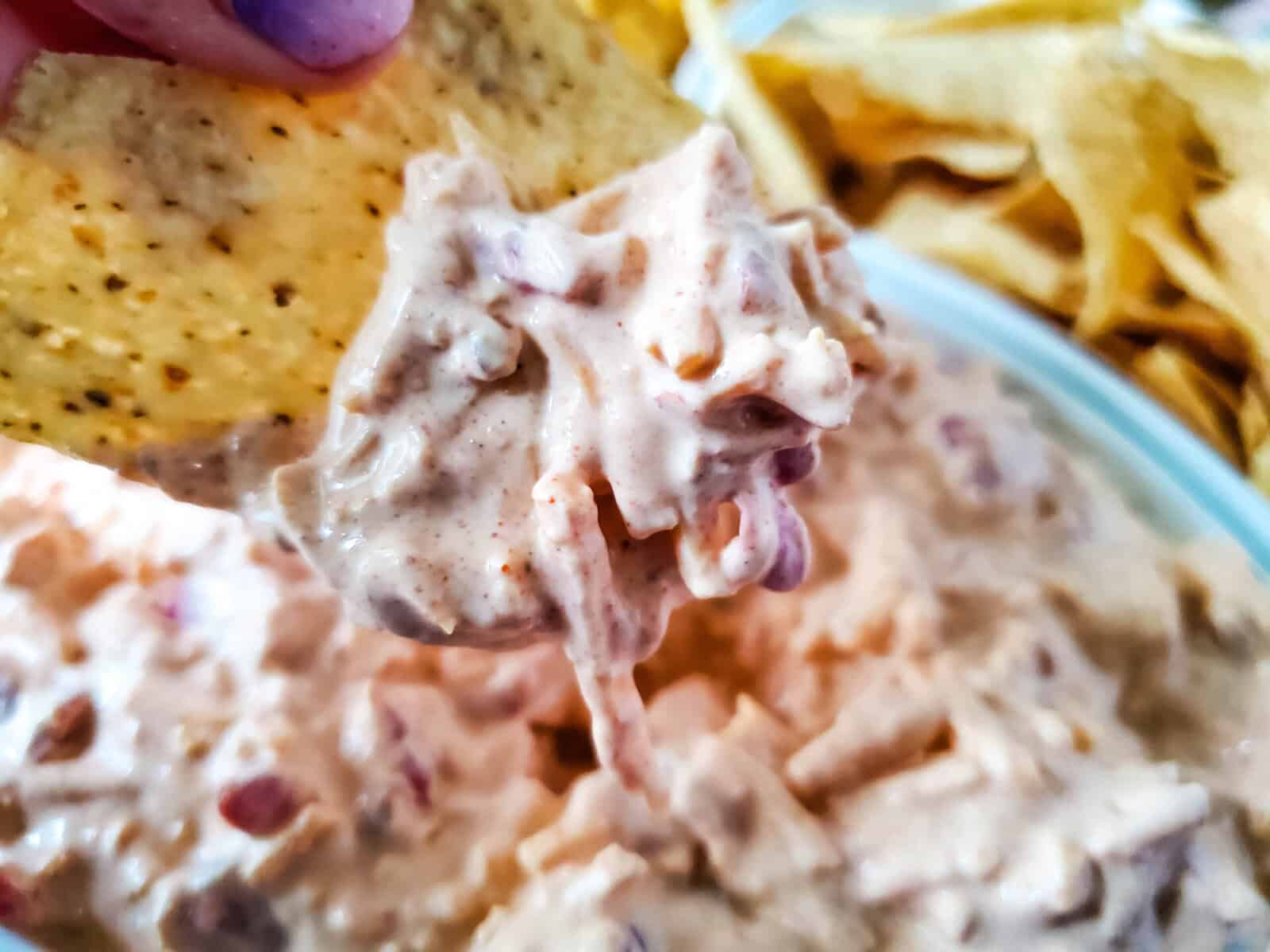 A close-up of a hand holding a tortilla chip dipped in creamy, chunky dip with visible pieces of onion and tomato. A bowl of similar dip and more chips are in the background.
