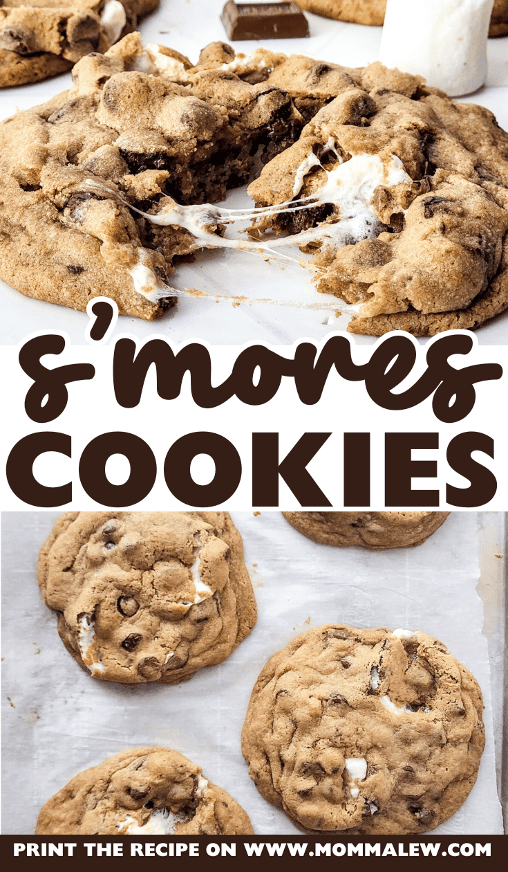 Thick, gooey s'mores cookies with melted marshmallow and chocolate chips on a baking tray. Text reads, s'mores cookies. Print the recipe on www.mommlew.com.