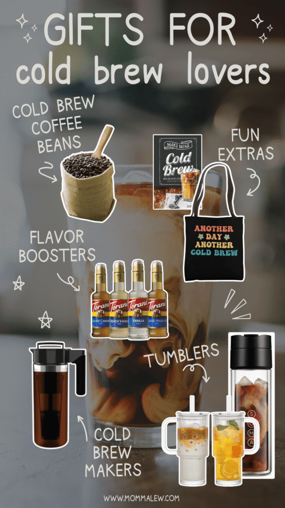 A graphic featuring cold brew gifts for coffee lovers—cold brew coffee beans, makers, flavor syrups, tumblers, and fun extras like a tote bag—all set against a background of refreshing iced cold brew coffee.