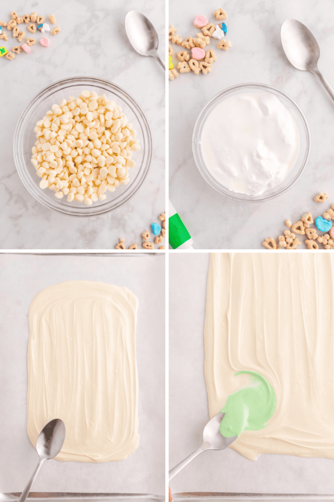 Four-panel image: Top left, a bowl of white chocolate chips. Top right, a bowl of marshmallow cream. Bottom left, melted chocolate spread on parchment. Bottom right, green cream swirled in for festive St Patrick’s Day Bark.