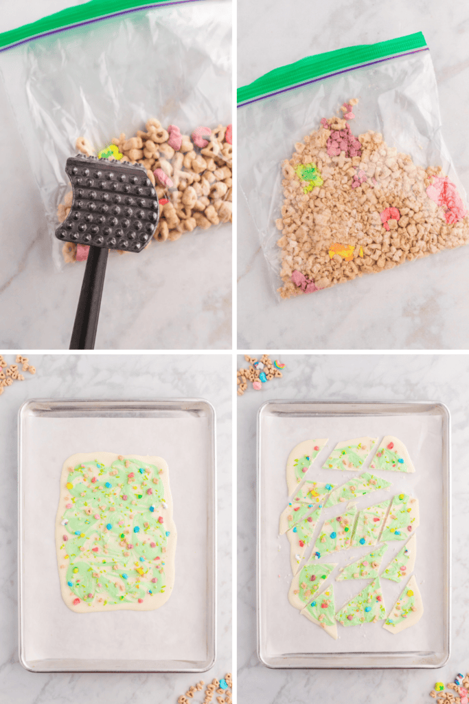 Four-panel image: Top left, cereal is being crushed in a plastic bag with a meat tenderizer. Top right, the cereal is now crumbled. Bottom left, St Patrick’s Day Bark is made with white chocolate and cereal bits. Bottom right, the chocolate is drizzled.