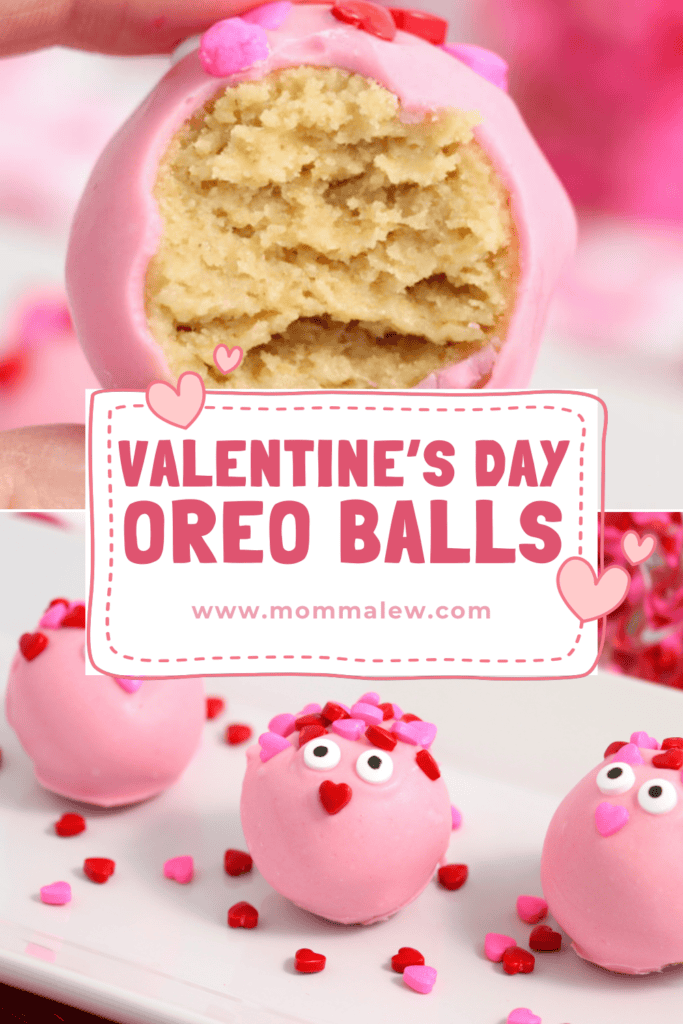 A close-up of pink, heart-decorated Valentine’s Day Oreo Balls, one with a bite showing the cookie filling. Text reads: Valentine’s Day Oreo Balls www.mommaleew.com with heart accents.