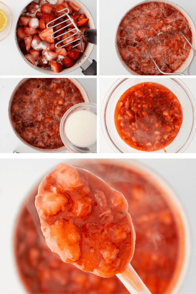 A collage shows steps of making strawberry preserves: mashing strawberries, cooking them with sugar, adding lemon juice, simmering, and the finished chunky sauce on a spoon.