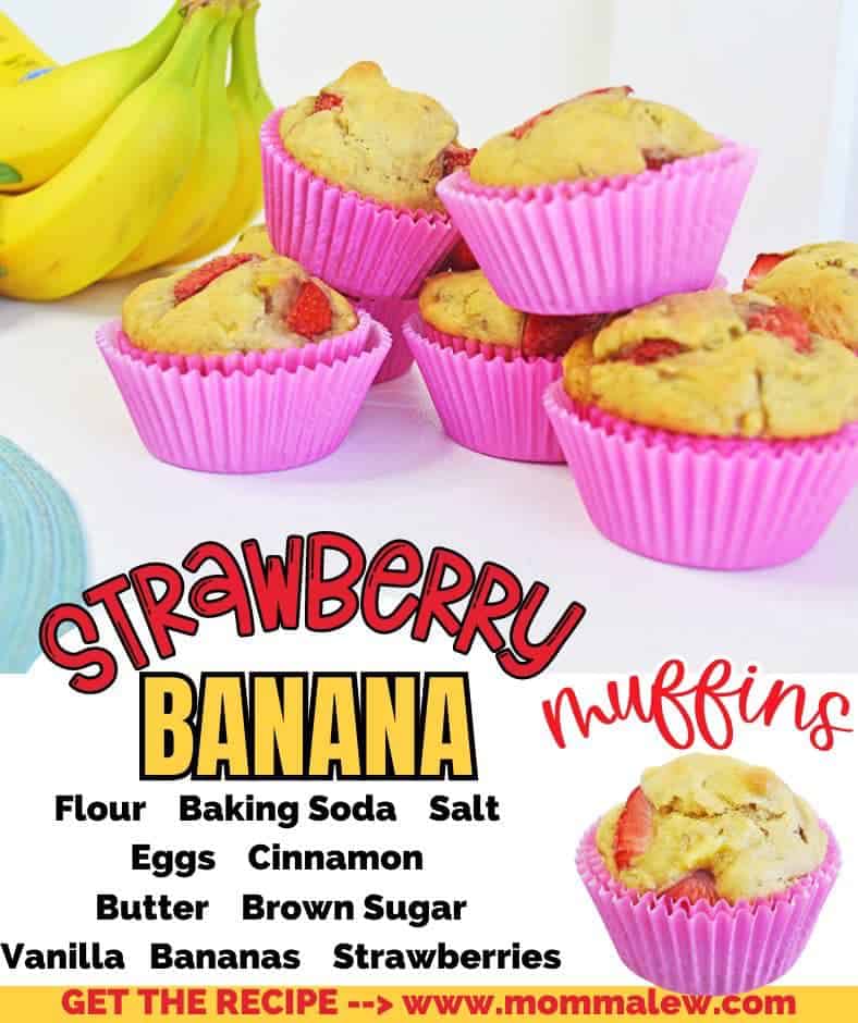 Strawberry banana muffins in pink wrappers are arranged on a white surface, with bananas in the background. Text below lists strawberry banana muffins ingredients and recipe source: mommalew.com.