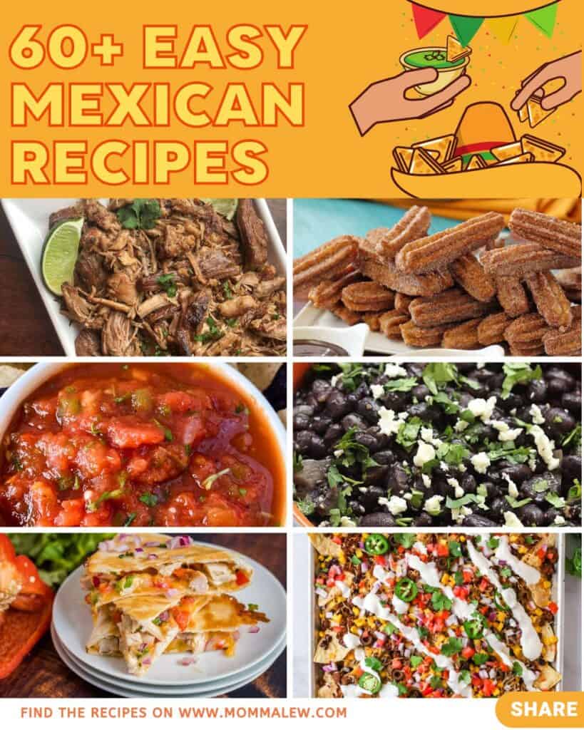 Collage of Mexican dishes including shredded meat with lime, churros, salsa, black beans with cheese, quesadillas, and nachos, plus a colorful banner reading 60+ Easy Mexican Food Recipes.