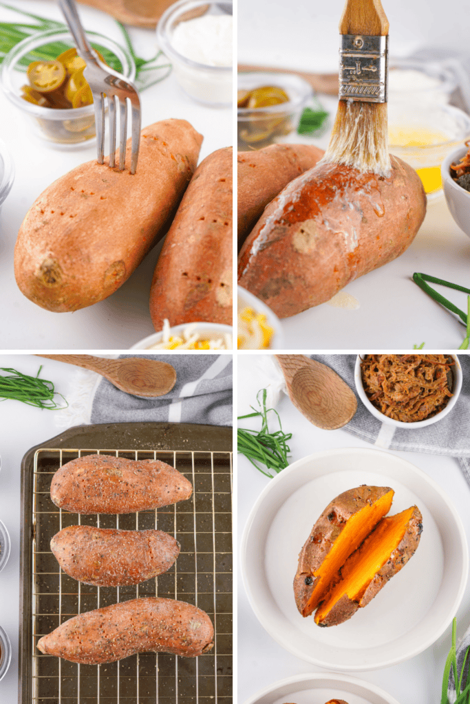 Four-step collage showing baked sweet potatoes: first, pricked with a fork; second, brushed with butter; third, seasoned on a baking rack; fourth, a baked pulled pork sweet potato split open on a plate.