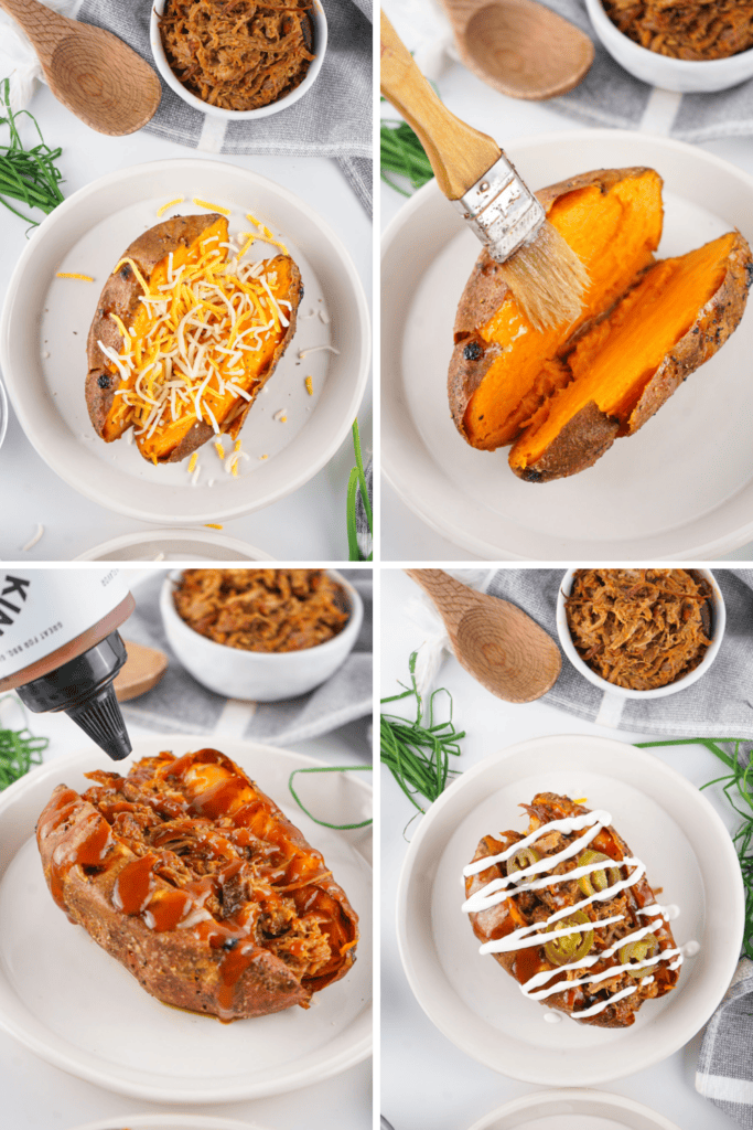 A four-panel image shows Pulled pork sweet potatoes being prepared: cheese is added, butter is brushed on, BBQ sauce is drizzled over pulled meat, and the finished dish is topped with jalapeños and white sauce.