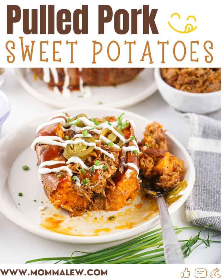 A baked sweet potato topped with pulled pork, sliced jalapeños, chopped green onions, and a drizzle of white sauce sits on a white plate with a fork. The text above highlights Pulled Pork Sweet Potatoes, perfect for a hearty meal.