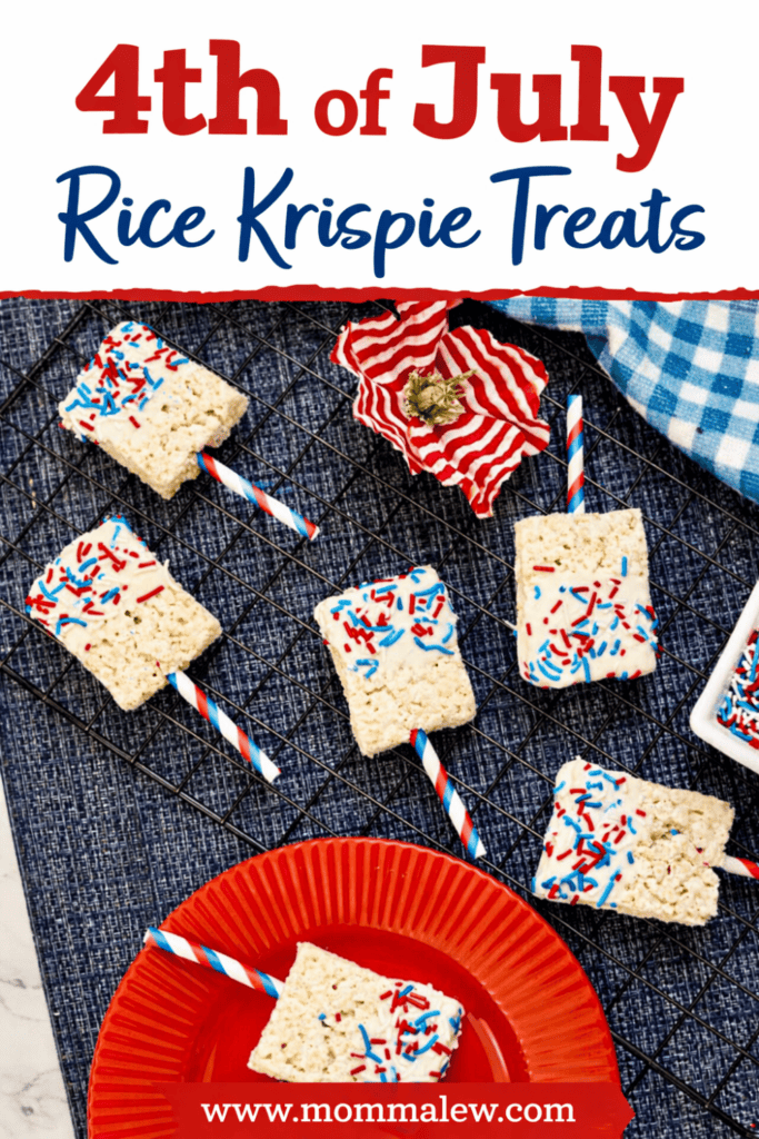 Festive 4th of July Rice Krispie treats sit on blue and red plates, topped with red, white, and blue sprinkles and straws. A small American flag decorates the scene beneath a “4th of July Rice Krispie Treats” sign.