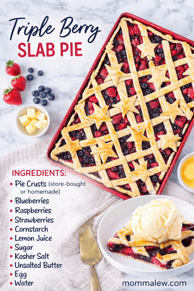 A Triple Berry Slab Pie with a lattice crust sits on a table, topped with star-shaped pastry pieces. Nearby are fresh berries, a bowl of butter, ice cream on pie, and an ingredients list for this delicious Triple Berry Slab Pie.