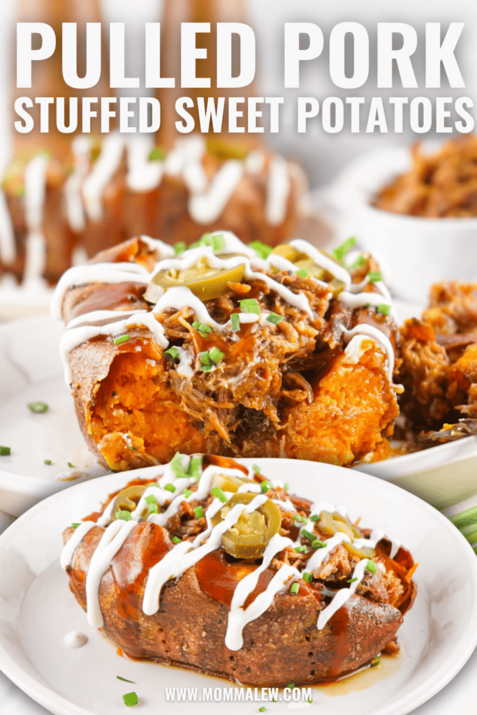 A baked sweet potato stuffed with tender pulled pork, sliced jalapeños, chopped chives, barbecue sauce, and a drizzle of white sauce. Pulled pork sweet potatoes are served on a white plate under the heading: Pulled Pork Stuffed Sweet Potatoes.