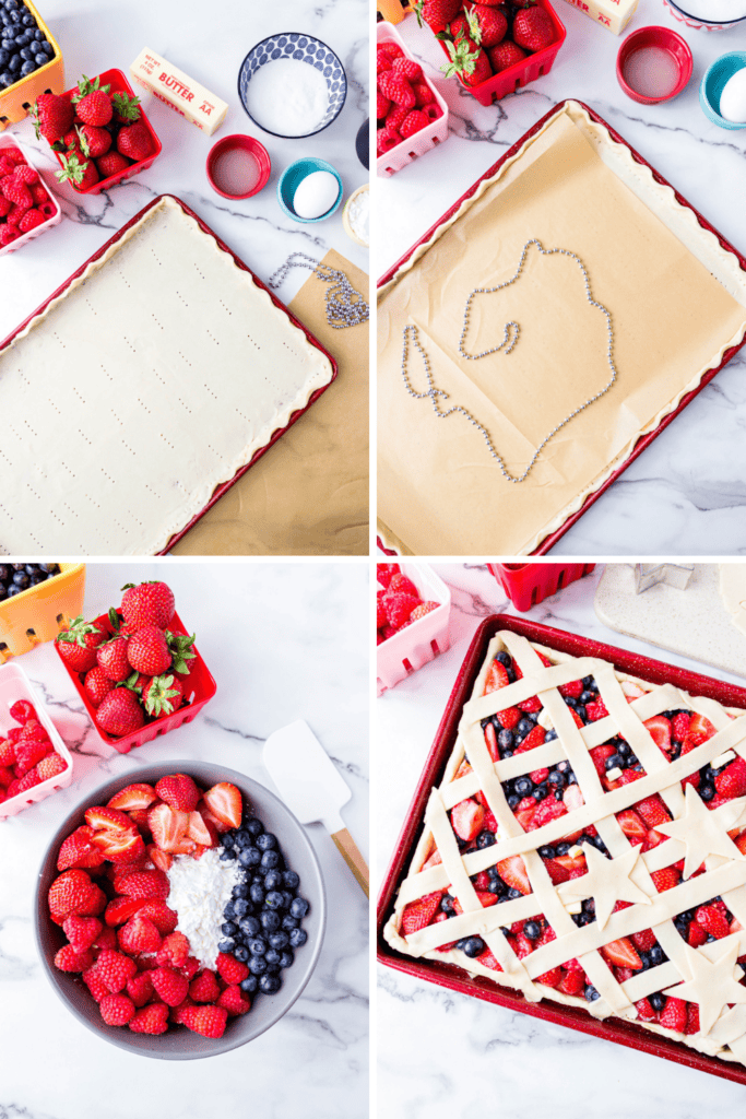 Four-panel collage showing the process of making a Triple Berry Slab Pie: prepping crust, lining it with parchment and weights, mixing strawberries and blueberries, and topping the pie with a lattice crust. Ingredients are visible on the counter.
