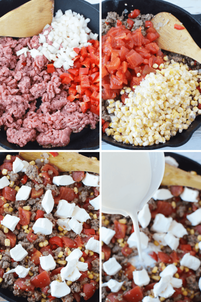Four-panel collage showing a skillet with ground beef, diced onions, and red peppers for a cowboy pasta recipe; then with added corn and tomatoes; then cream cheese pieces; and finally milk being poured over the mixture.