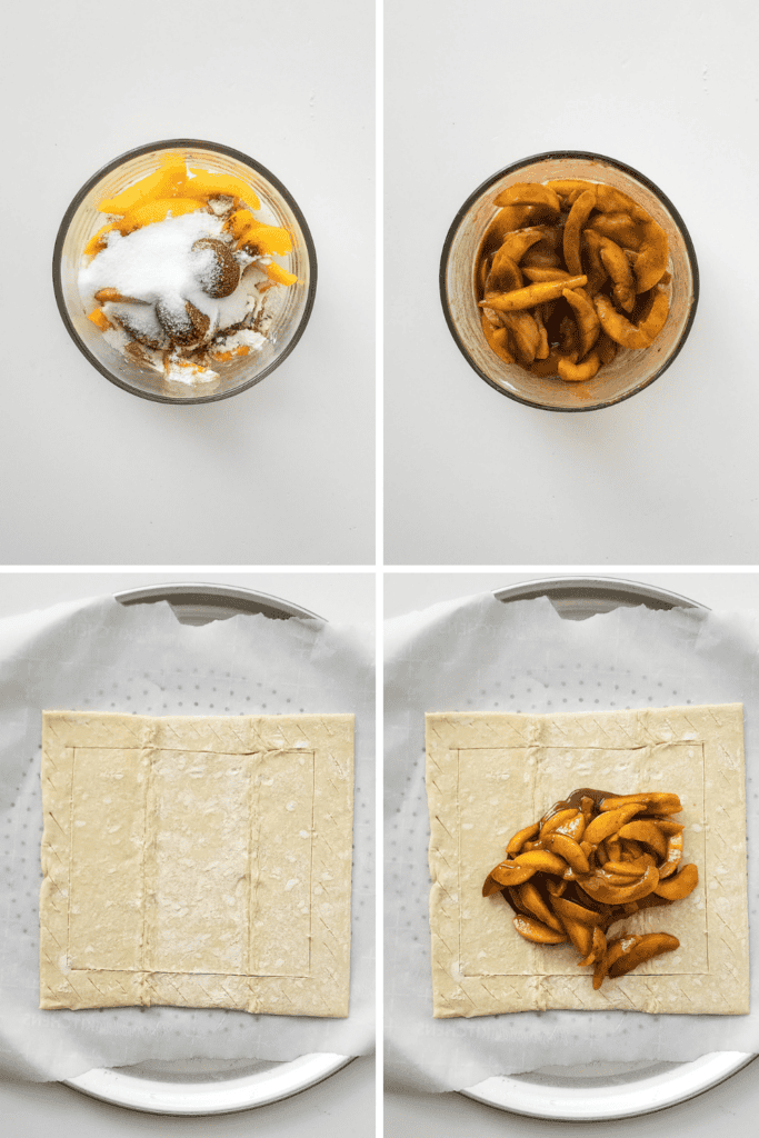 Four photos show steps of making a pastry: mixing sliced apples with sugar and cinnamon for a peach tart recipe, the apples after mixing, a sheet of dough with scored edges, and the apples placed on the dough’s center.