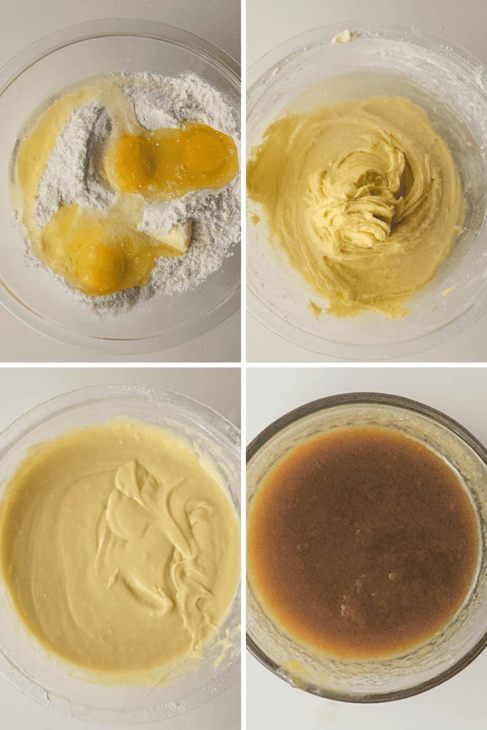 Four photos show stages of mixing mini pineapple upside down cakes batter: eggs on flour and sugar, thick yellow batter, smoother pale batter, and a bowl with a brown liquid mixture.