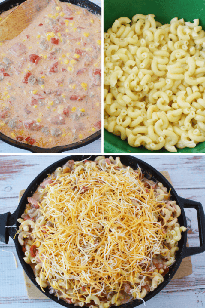 Three images: top left—creamy mixture with ground meat, tomatoes, corn, and sauce in a skillet; top right—cooked elbow macaroni in a green bowl; bottom—cowboy pasta recipe layered with sauce and shredded cheese in a cast iron pan.