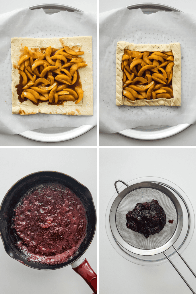 Four-step collage: Top left, pastry with fruit filling; top right, pastry edges folded in; bottom left, fruit mixture cooking in a saucepan; bottom right, straining peach tart recipe filling through a fine mesh sieve over a bowl.