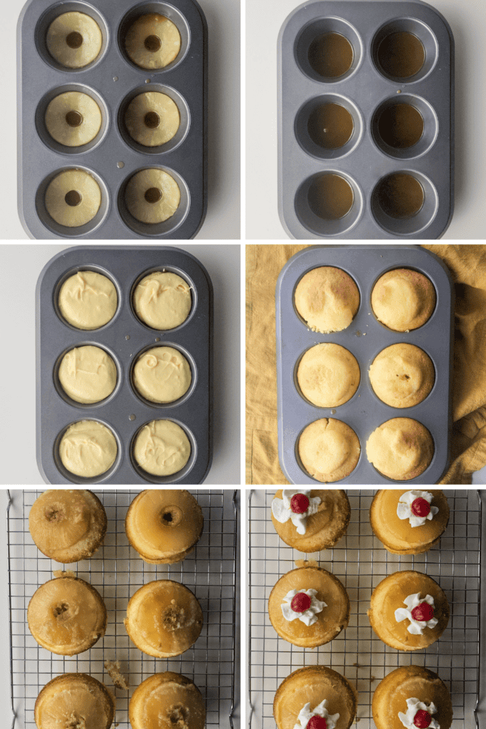 Six images show the stages of making mini pineapple upside down cakes in a muffin tin: adding batter, baking, cooling on racks, and decorating with whipped cream and fruit. Two cakes are topped with a dollop of whipped cream and berries.
