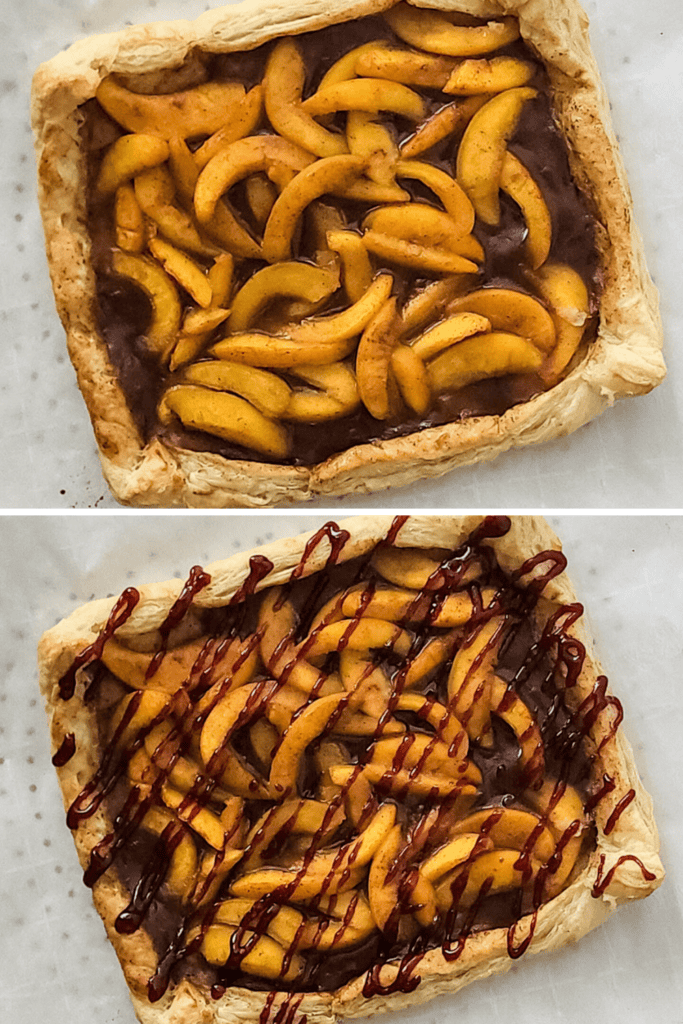 Two images showcase a peach tart recipe with flaky crust: the top highlights sliced peaches before baking, while the bottom features the finished tart drizzled with dark red sauce.