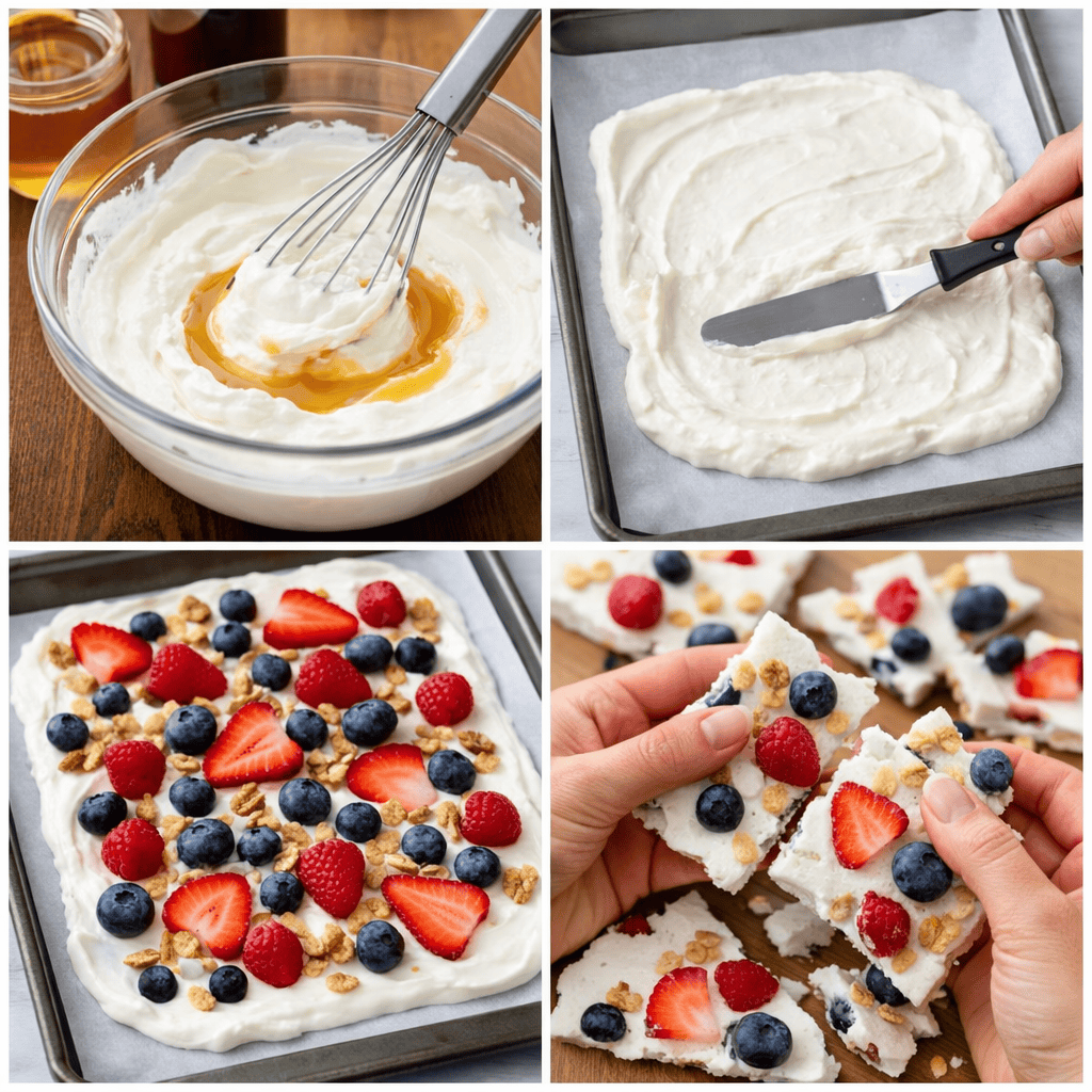 Four-step collage: yogurt and honey whisked in a bowl, the mixture spread on a baking sheet, topped with fresh berries and granola, then broken into pieces to create delicious Yogurt Bark.