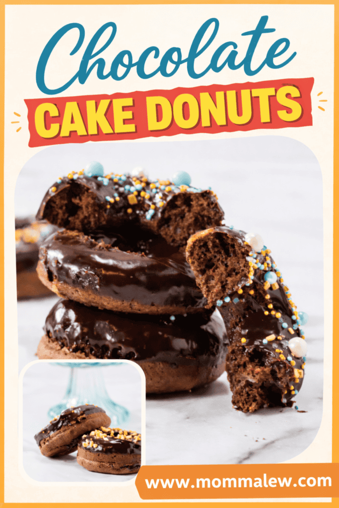 A stack of Chocolate Cake Mix Donuts with glossy chocolate glaze and colorful sprinkles, one donut broken in half. Text reads Chocolate Cake Donuts and www.mommalew.com.