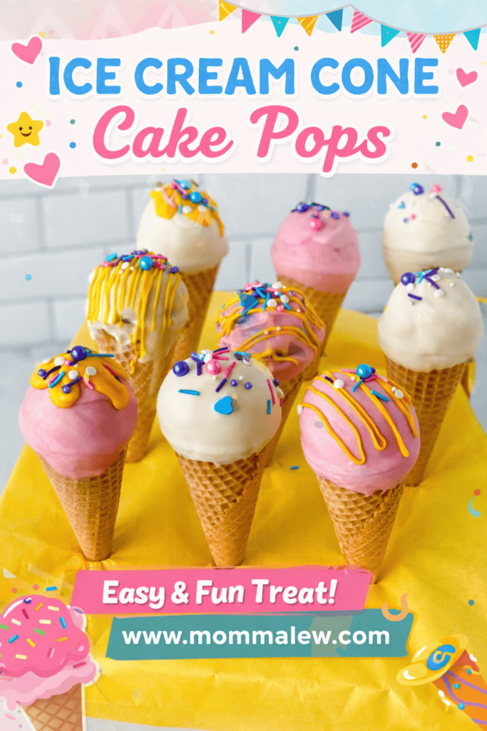 Colorful ice cream cone cake pops with sprinkles and icing rest on a yellow cloth. The text says Ice Cream Cone Cake Pops, Easy & Fun Treat! and www.mommaleew.com, surrounded by festive decorations.