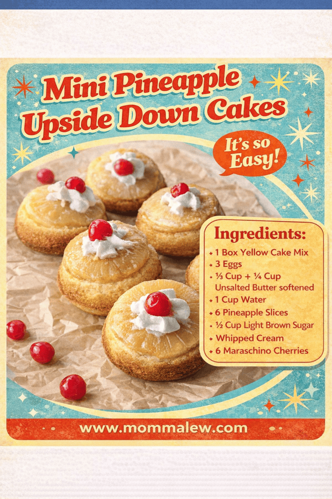 A retro-style recipe card for mini pineapple upside down cakes shows five small cakes topped with whipped cream and cherries. The card lists ingredients and reads “It’s so easy!” on a blue background with red and yellow accents.