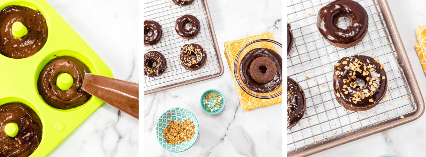 A collage shows Chocolate Cake Mix Donuts with chocolate batter piped into a green donut mold, baked donuts on cooling racks, and donuts glazed with chocolate and topped with sprinkles and nuts on a marble surface.