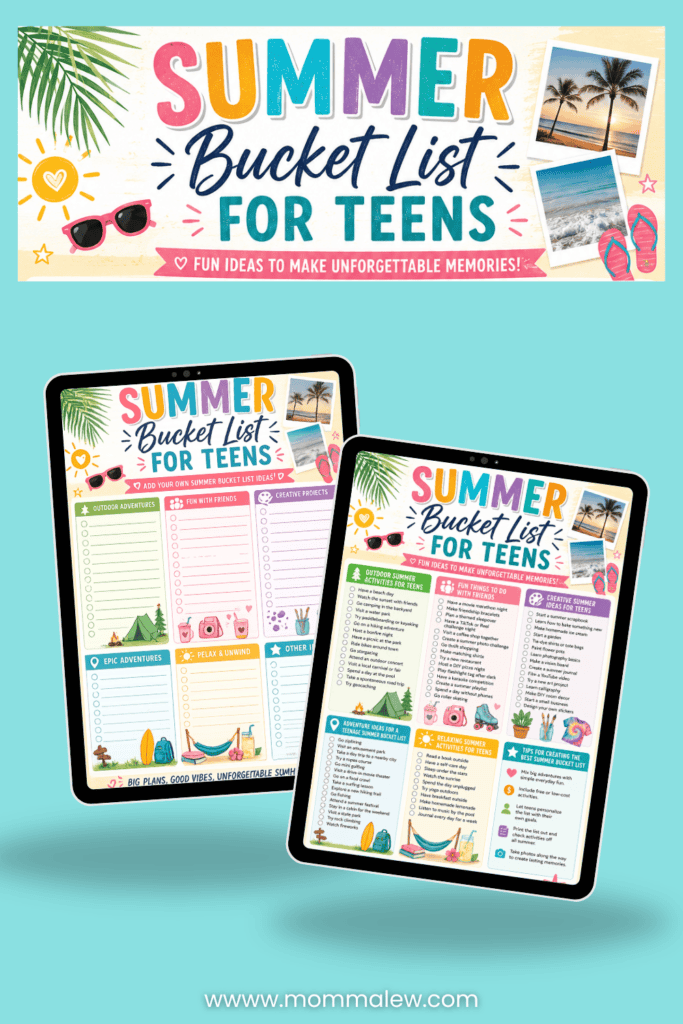 Colorful graphic featuring a Summer Bucket List for Teens header, summer-themed icons, two tablet screens displaying exciting summer bucket list for teens ideas, and a website URL at the bottom: www.mommalew.com.