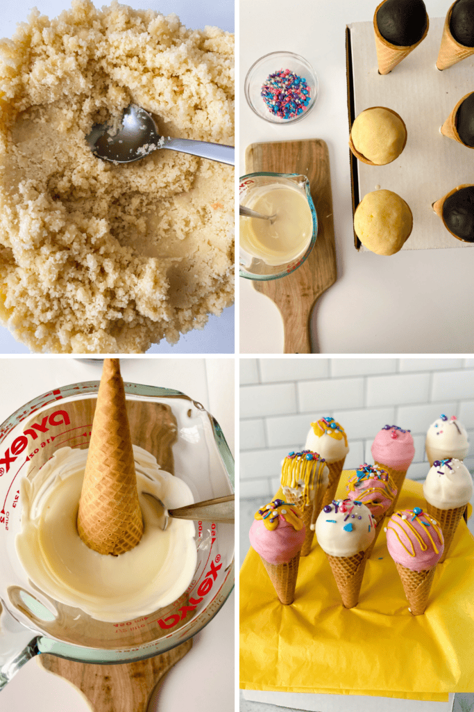 Four-step process of making ice cream cone cake pops: mixing cake batter, placing cake balls on cones, dipping in melted white chocolate, then decorating the finished ice cream cone cake pops with frosting and sprinkles on yellow paper.