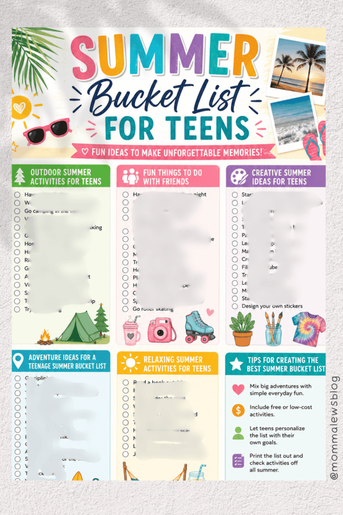 Colorful summer bucket list for teens poster featuring checklists of outdoor, adventure, fun, creative, and relaxing activities. Includes tips for making a personalized summer bucket list, plus tropical decorations and vibrant photos.