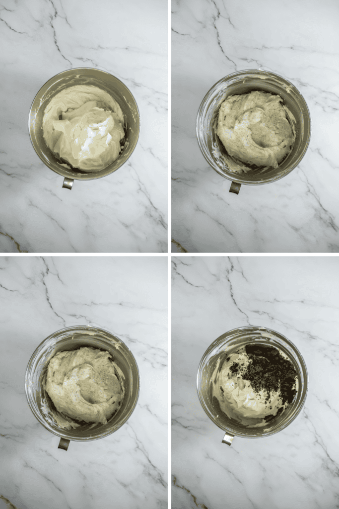 A four-panel image shows a metal mixing bowl on marble, each panel displaying a different stage of mixing ingredients for Oreo Cheesecake Cones. Crushed cookies are added to the creamy mixture in the last panel.