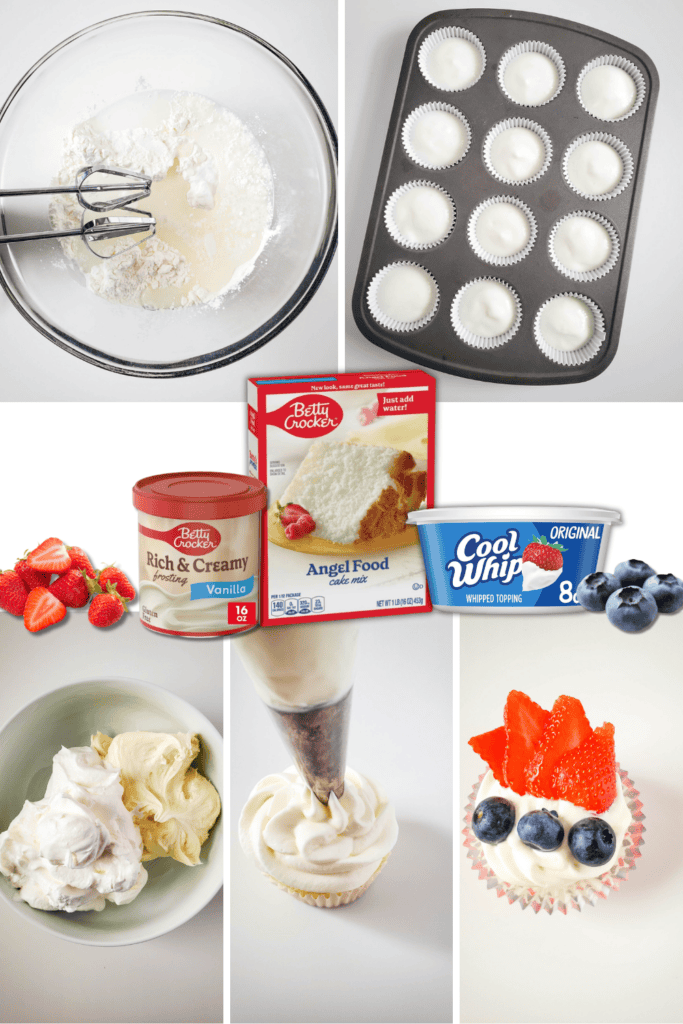 A collage shows steps to make angel food cupcakes: mixing ingredients in a bowl, filling a muffin tin with batter, containers of cake mix, frosting and whipped topping, fruit toppings, and piping frosting onto cupcakes finished with berries.