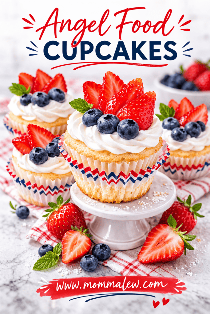 Angel food cupcakes topped with whipped cream, fresh strawberries, and blueberries sit on a white cake stand with extra berries and mint leaves, elegantly styled in festive wrappers on a marble surface.