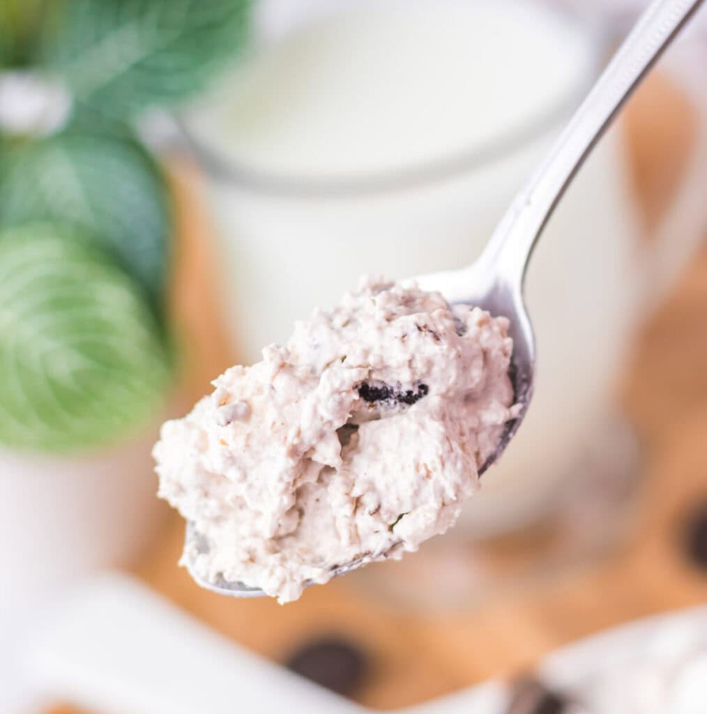 A close-up of a spoon holding a creamy dessert with cookie pieces, with a blurred glass of milk and a green plant in the background.