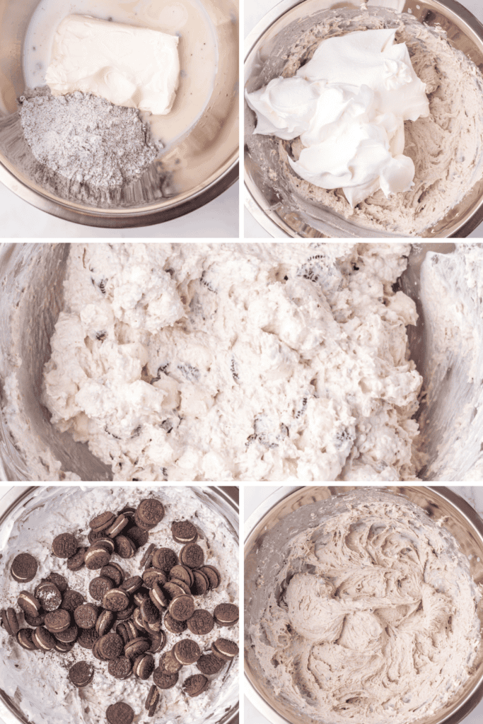 Five photos show the step-by-step mixing of ingredients in a metal bowl to make cookies and cream cheesecake filling, inspired by an Oreo Fluff Recipe, including cream cheese, cookie crumbs, whole Oreos, and whipped mixture.